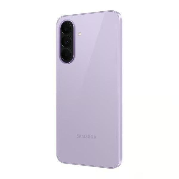 Angled rear view of the Samsung Galaxy A37 5G in Awesome Lavender showing the triple camera lenses and Samsung logo