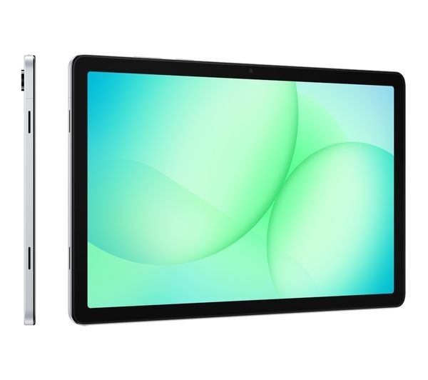 Samsung Galaxy Tab A11+ in Silver shown in side profile next to an angled three-quarter view highlighting the tablet's slim thickness