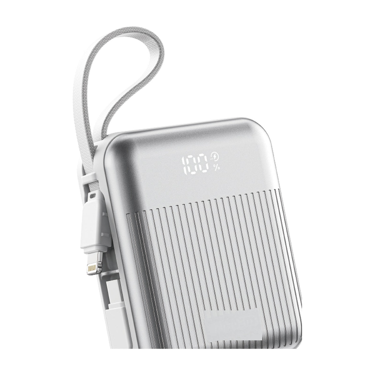 10000mAh silver power bank with built-in USB-C and Lightning cables and digital display