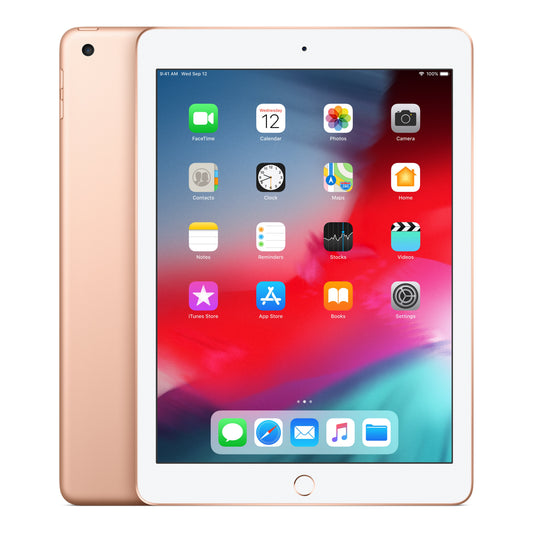 Refurbished iPad 6th generation (2018) Wi-Fi in Gold, front and back