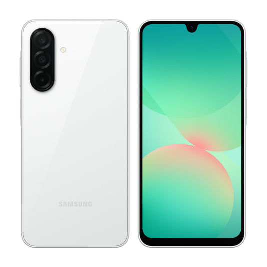 Samsung Galaxy A26 5G in White, front and back view