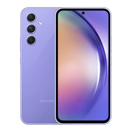 Samsung Galaxy A54 5G in Awesome Violet, front and back view