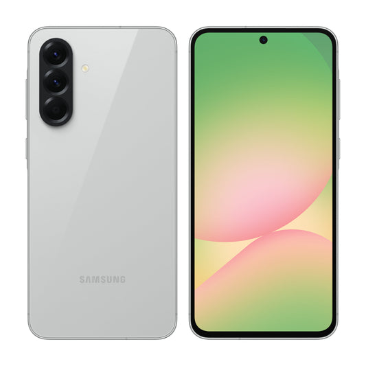 Samsung Galaxy A56 5G in Awesome Light Gray, front and back view