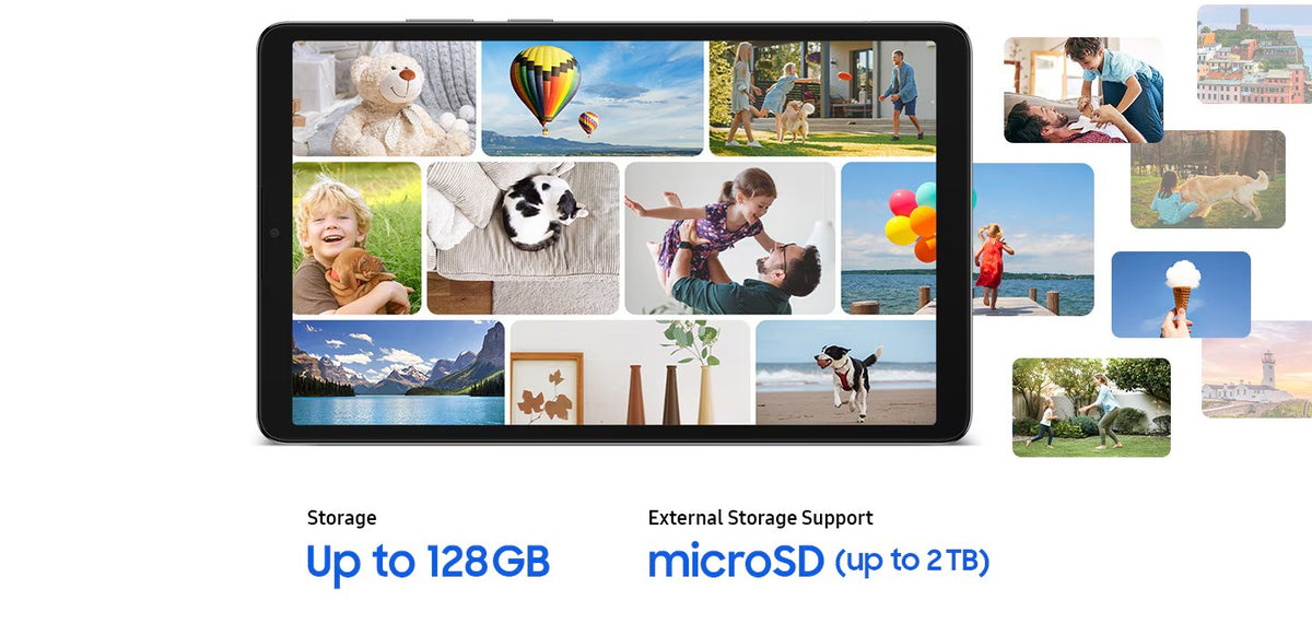 Samsung Galaxy Tab A11 marketing graphic showing internal storage and microSD expansion up to 2TB