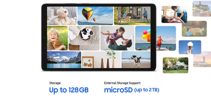 Samsung Galaxy Tab A11 marketing graphic showing internal storage and microSD expansion up to 2TB