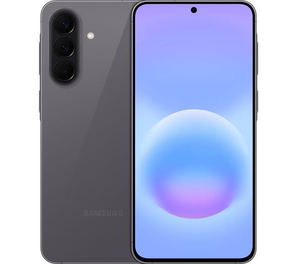 Samsung Galaxy A57 5G smartphone in Awesome Grey, front and back view showing triple rear camera and display