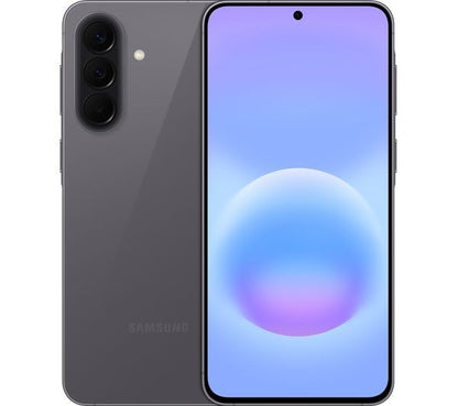 Samsung Galaxy A57 5G smartphone in Awesome Grey, front and back view showing triple rear camera and display