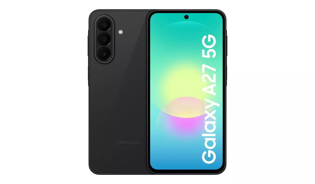 Samsung Galaxy A27 5G in Black, front and back view showing the display and triple rear camera