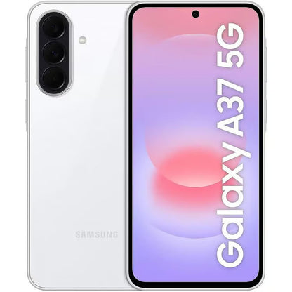 Samsung Galaxy A37 5G in White shown front and back with the triple camera module and screen displaying Galaxy A37 5G text