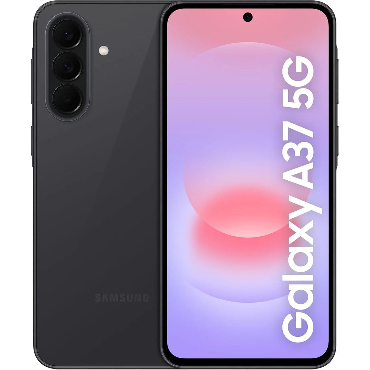 Samsung Galaxy A37 5G in Awesome Charcoal, rear and front view showing the triple camera module and pink-purple lock screen wallpaper with Galaxy A37 5G text
