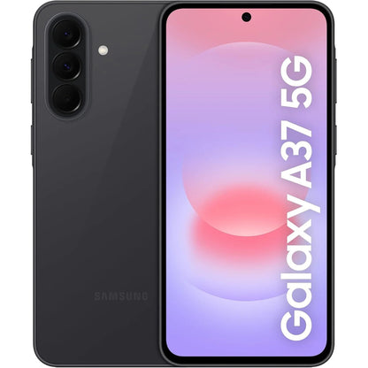 Samsung Galaxy A37 5G in Awesome Charcoal, rear and front view showing the triple camera module and pink-purple lock screen wallpaper with Galaxy A37 5G text