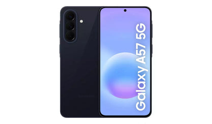 Samsung Galaxy A57 5G smartphone in Awesome Navy, front and back view showing triple rear camera and display