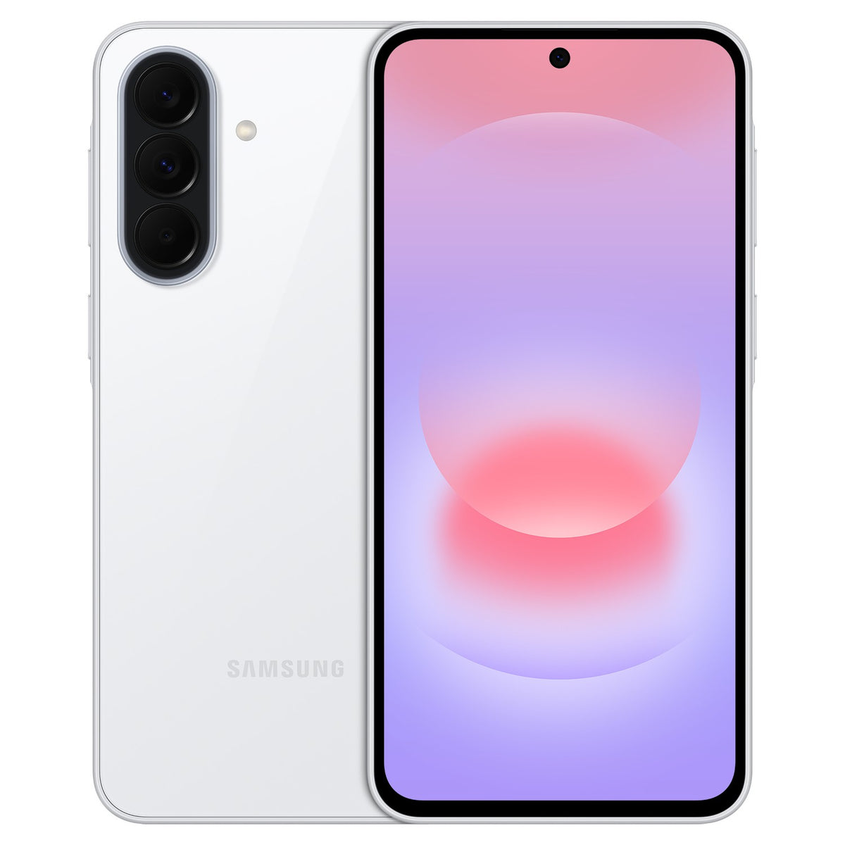 Samsung Galaxy A37 5G in Awesome White, rear and front view showing the triple camera module and pink-purple lock screen wallpaper
