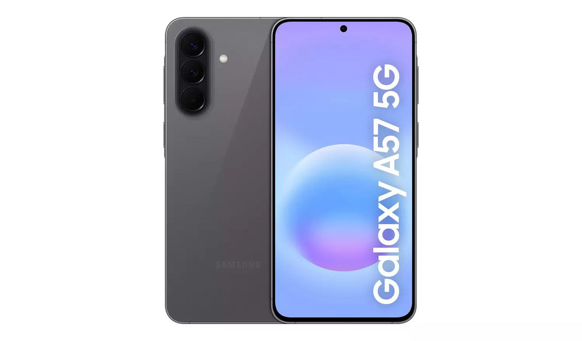 Samsung Galaxy A57 5G in Awesome Gray, front and back view showing the display and triple rear camera module