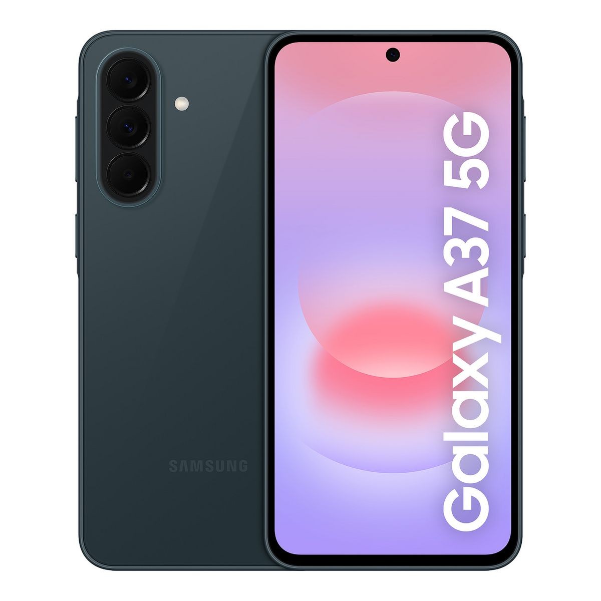 Samsung Galaxy A37 5G in Awesome Graygreen shown front and back with the triple rear camera and screen displaying Galaxy A37 5G text