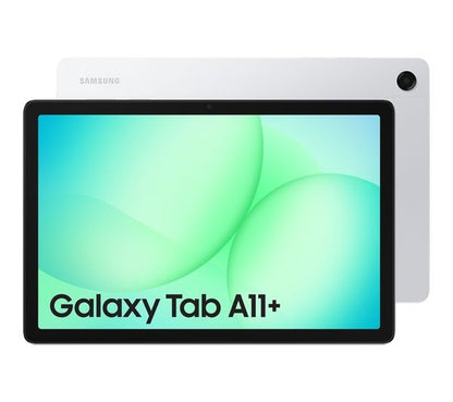Samsung Galaxy Tab A11+ 11-inch tablet in Silver shown from the front and back, with the Galaxy Tab A11+ branded screen and Samsung logo visible on the rear panel