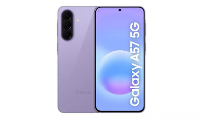 Samsung Galaxy A57 5G smartphone in Awesome Lilac, front and back view showing triple rear camera and display