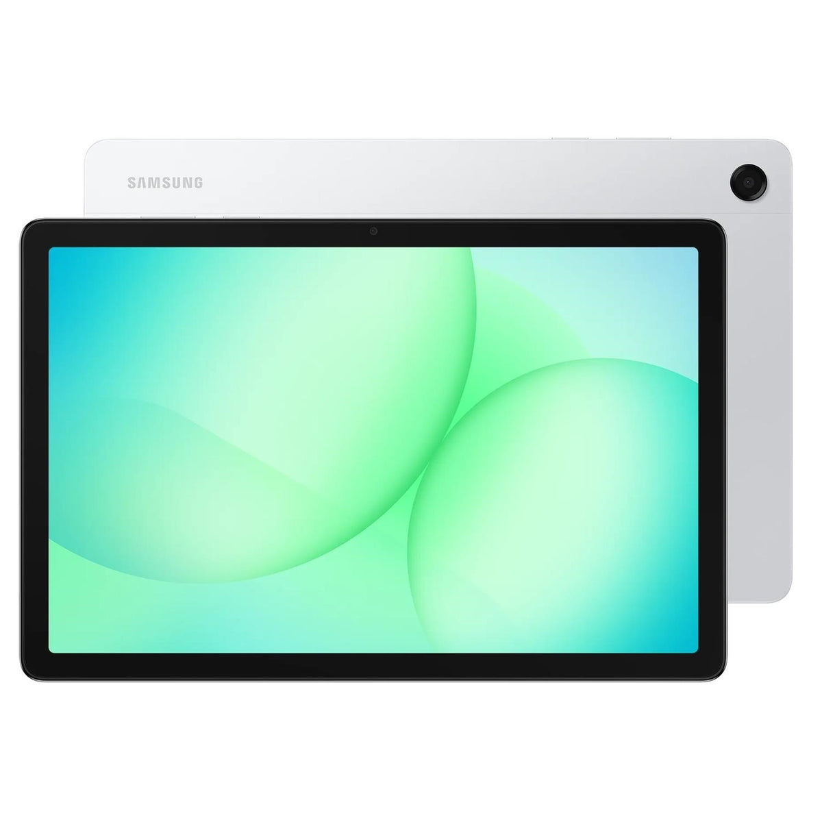 Samsung Galaxy Tab A11+ tablet in Silver, front and back view with screen on