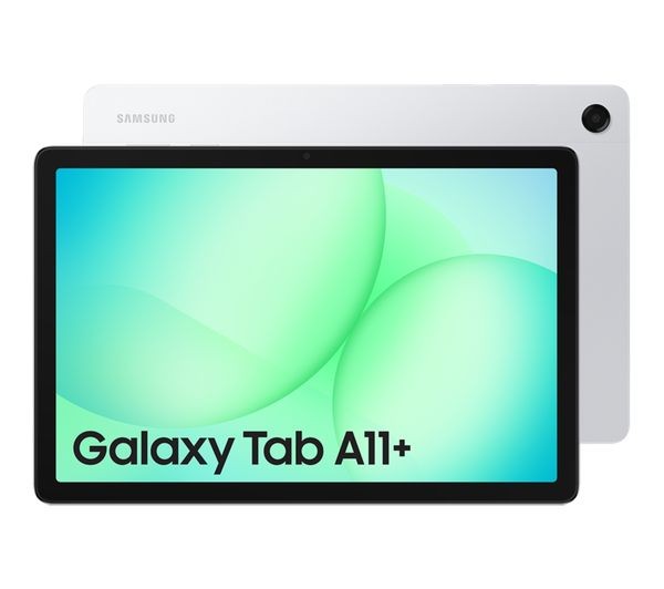 Samsung Galaxy Tab A11+ 11-inch tablet in Silver shown from the front and back, with the Galaxy Tab A11+ branded screen and Samsung logo visible on the rear panel