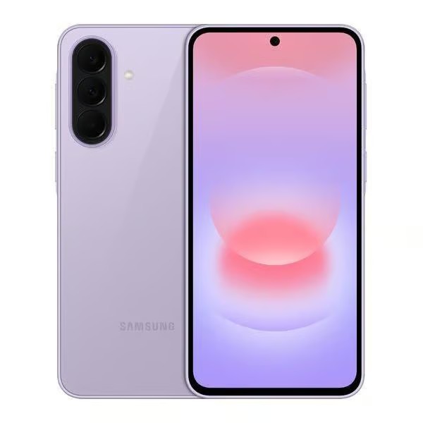 Samsung Galaxy A37 5G in Awesome Lavender, rear and front view showing the triple camera module and pink-purple lock screen wallpaper