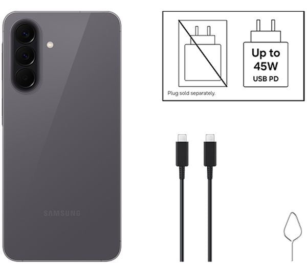 Samsung Galaxy A57 5G box contents: USB-C to USB-C charging cable and SIM ejector pin, charging plug sold separately