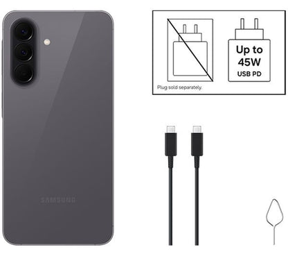Samsung Galaxy A57 5G box contents: USB-C to USB-C charging cable and SIM ejector pin, charging plug sold separately