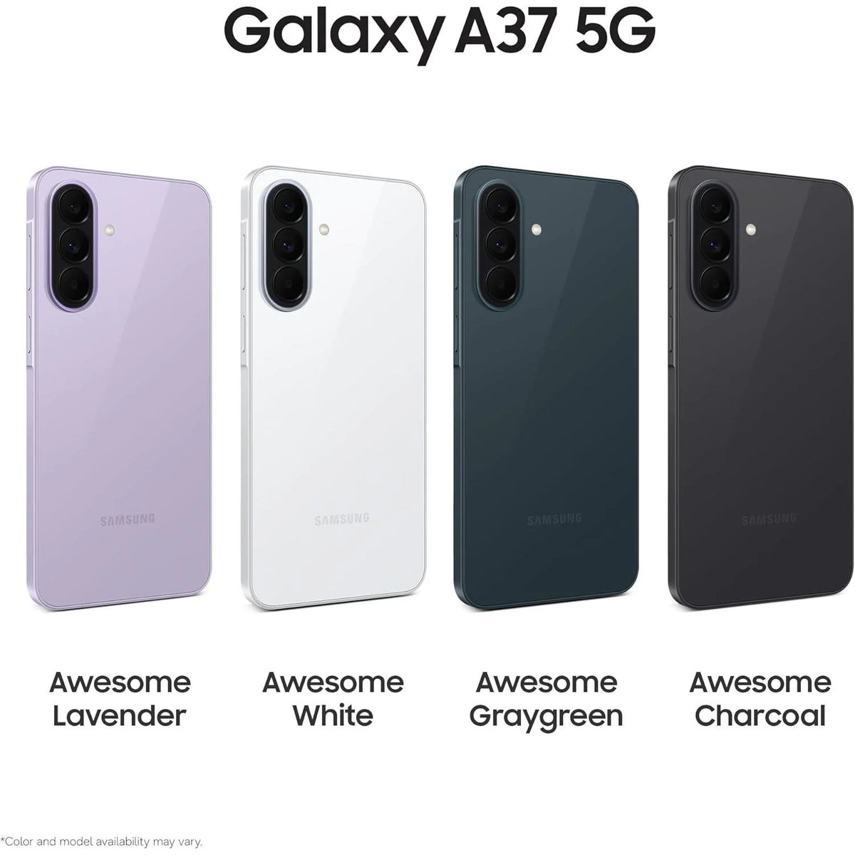 Studio graphic showing the Samsung Galaxy A37 5G rear panel in all four available colours: Awesome Lavender, Awesome White, Awesome Graygreen and Awesome Charcoal