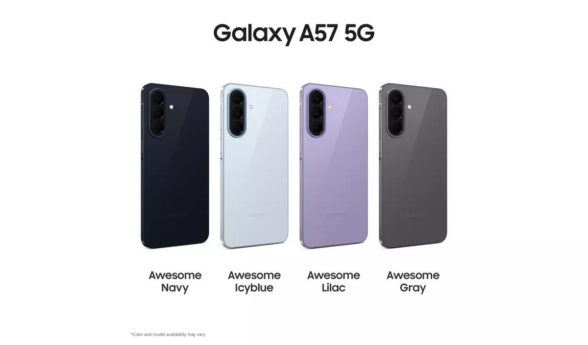 Samsung Galaxy A57 5G colour range: Awesome Navy, Awesome Icyblue, Awesome Lilac and Awesome Grey shown from the back