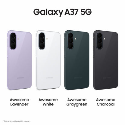 Samsung Galaxy A37 5G official colour lineup showing Awesome Lavender, Awesome White, Awesome Graygreen and Awesome Charcoal finishes