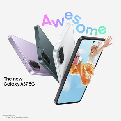Samsung Galaxy A37 5G promotional graphic showing all four colours fanned out with the tagline The new Galaxy A37 5G
