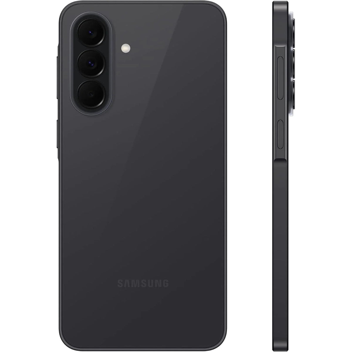 Samsung Galaxy A37 5G in Awesome Charcoal shown from the rear and side profile, highlighting the slim frame and triple camera housing
