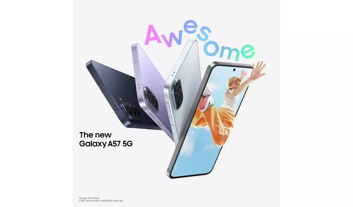 Samsung Galaxy A57 5G phones in Navy, Lilac and Icyblue fanned out with an Awesome text overlay and the new Galaxy A57 5G tagline