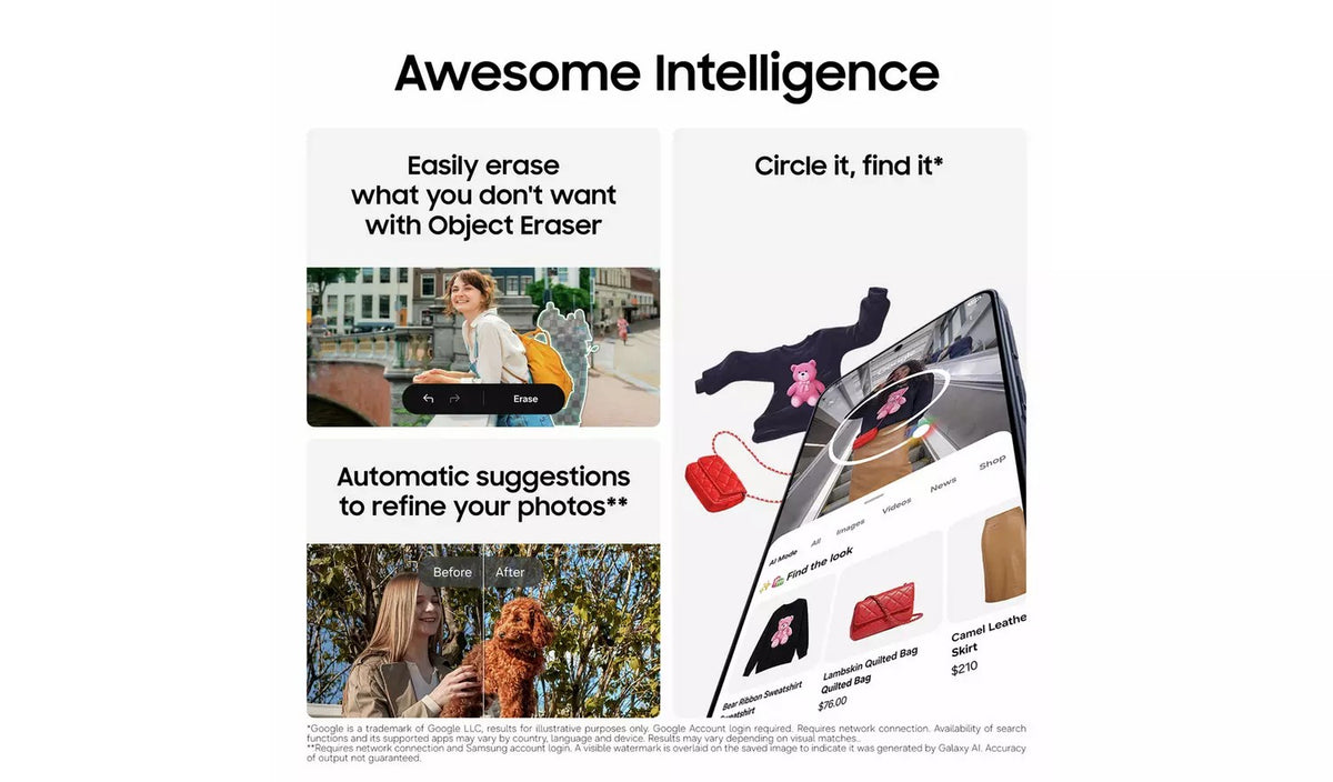 Samsung Galaxy A37 5G Awesome Intelligence marketing graphic showing AI Object Eraser and Circle to Search features