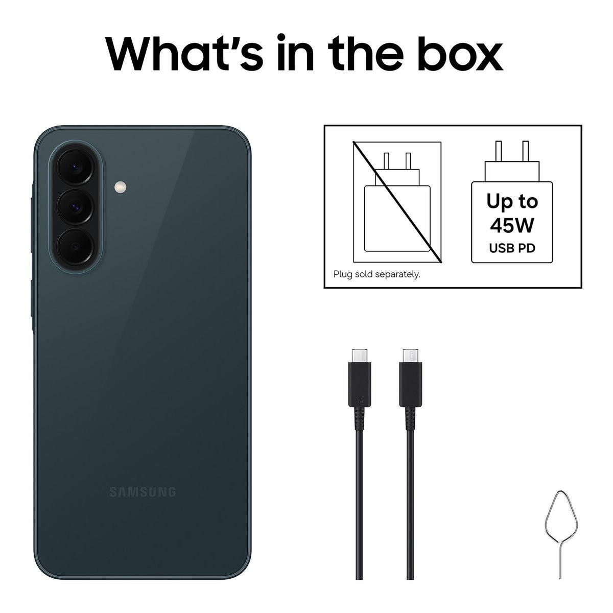 Samsung Galaxy A37 5G box contents graphic showing the phone, USB-C to USB-C cable and ejection pin, with charger sold separately