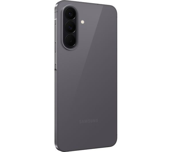 Samsung Galaxy A57 5G in Awesome Grey, angled back view showing the triple camera module