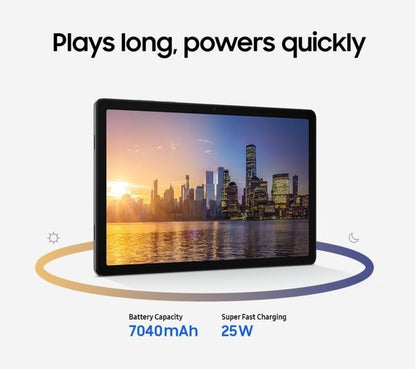 Samsung Galaxy Tab A11+ marketing graphic highlighting the 7,040mAh battery capacity and 25W fast charging support