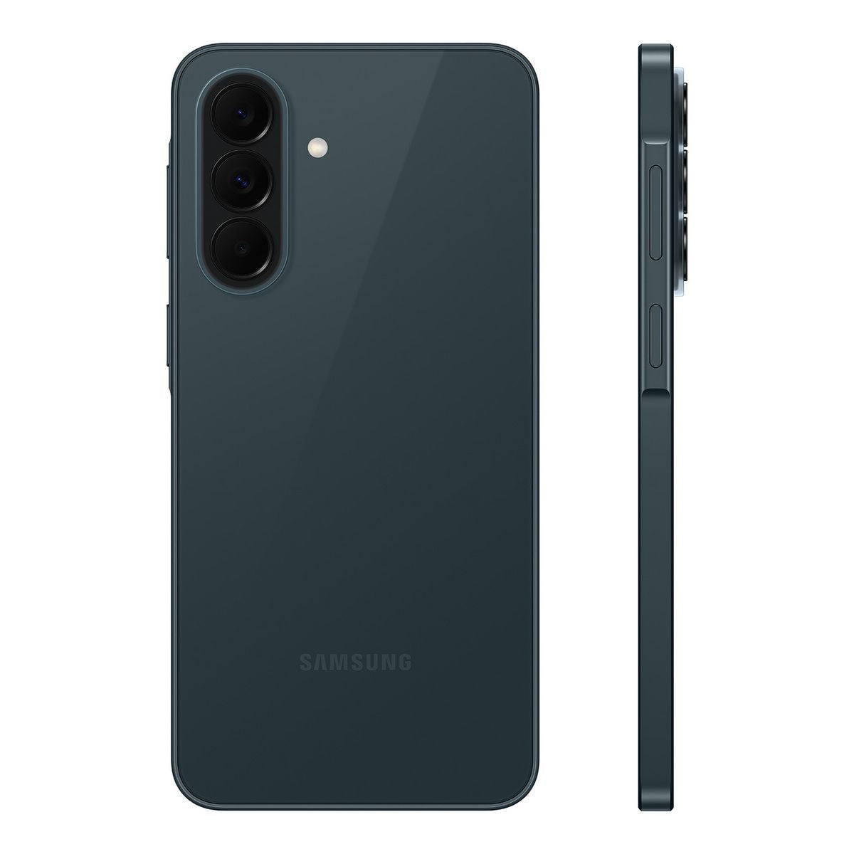 Back and side view of the Samsung Galaxy A37 5G in Awesome Graygreen showing the triple camera module