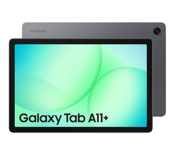 Samsung Galaxy Tab A11+ tablet in Grey, front and back view with screen on