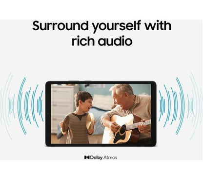 Samsung Galaxy Tab A11 marketing graphic highlighting Dolby Atmos stereo speaker audio