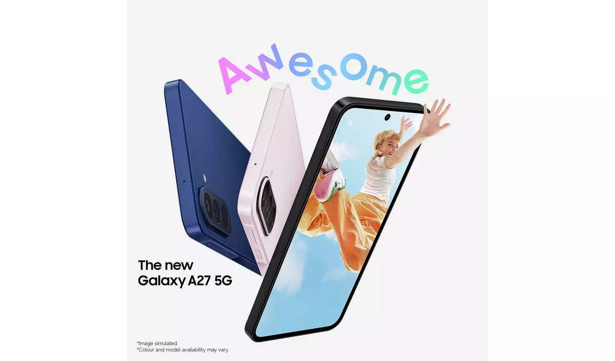 Samsung Galaxy A27 5G in Blue, Black and Light Pink, angled view with on-screen Galaxy AI graphic