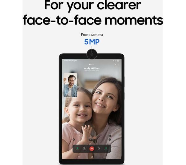 Samsung Galaxy Tab A11 marketing graphic showing the 5MP front camera used for video calling