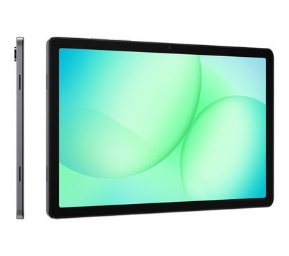 Samsung Galaxy Tab A11+ in Grey shown in side profile next to an angled three-quarter view highlighting the tablet's slim thickness