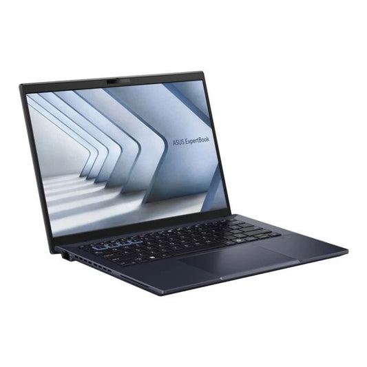 ASUS ExpertBook B14 14-inch laptop open, side view of keyboard and screen