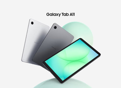 Samsung Galaxy Tab A11 marketing graphic showing Silver and Grey colour options with display on