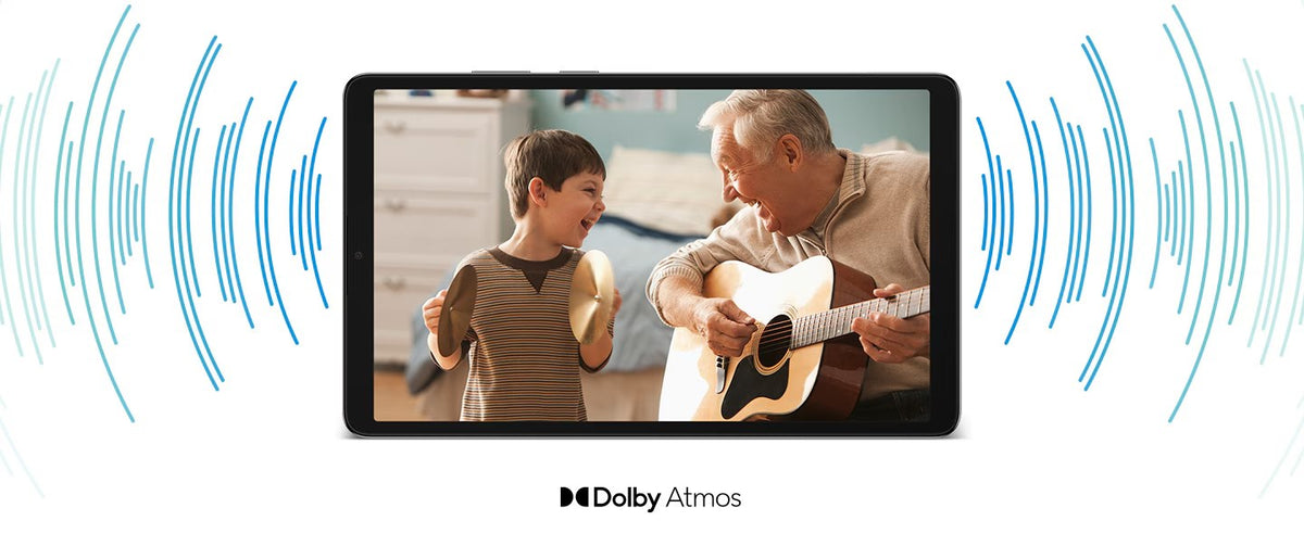 Samsung Galaxy Tab A11 marketing graphic highlighting Dolby Atmos stereo speaker audio