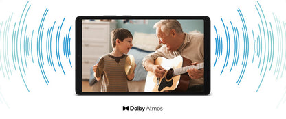 Samsung Galaxy Tab A11 marketing graphic highlighting Dolby Atmos stereo speaker audio