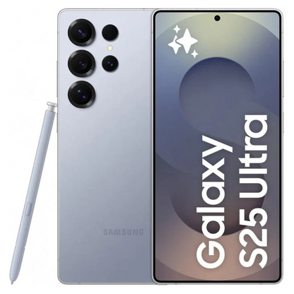 Samsung Galaxy S25 Ultra smartphone with stylus on a white background