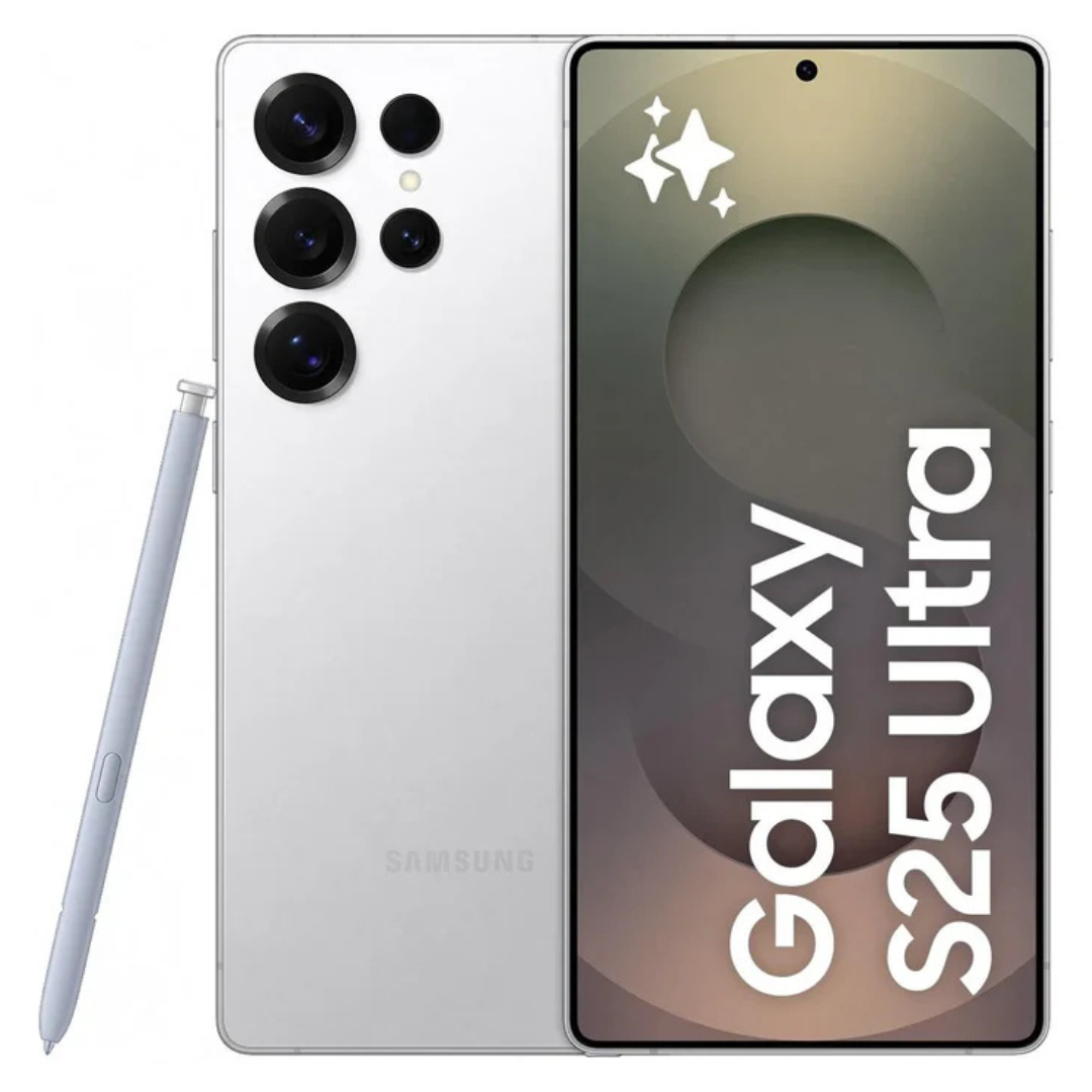 Samsung Galaxy S25 Ultra smartphone with stylus on a white background