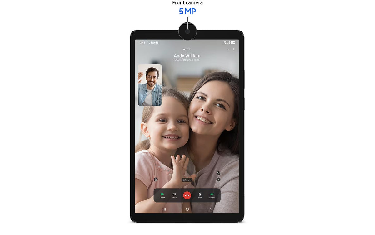Samsung Galaxy Tab A11 marketing graphic showing the 5MP front camera used for video calling