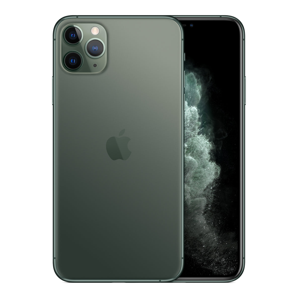 Apple iPhone 11 Pro Max in Midnight Green, front and back